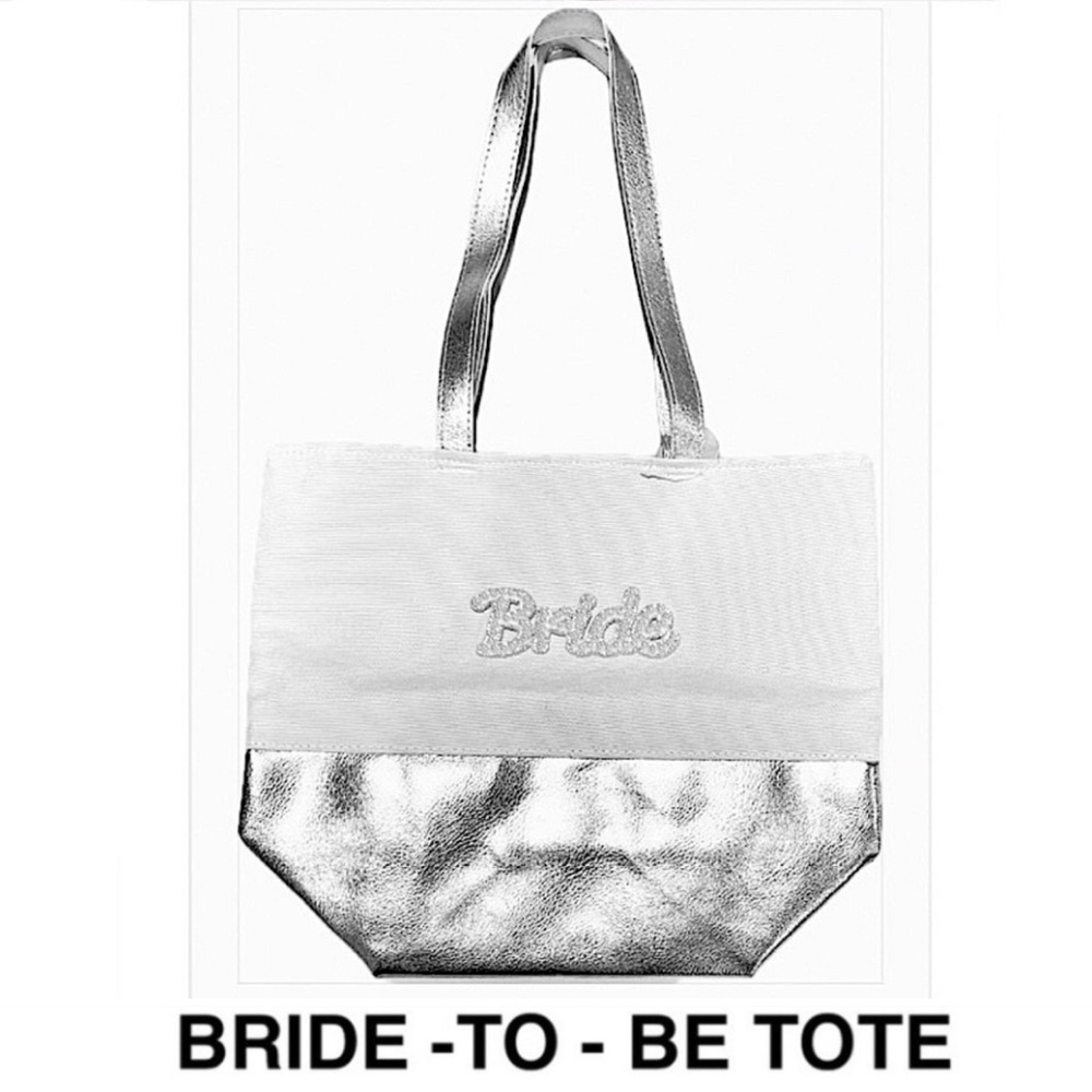 IMAGIN8 BRIDE white canvas tote bag with metallic silver bottom size 15x13 NWOT
